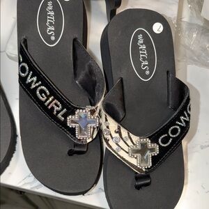 Cowgirl Cross Embellished Black Flip Flop Sandals